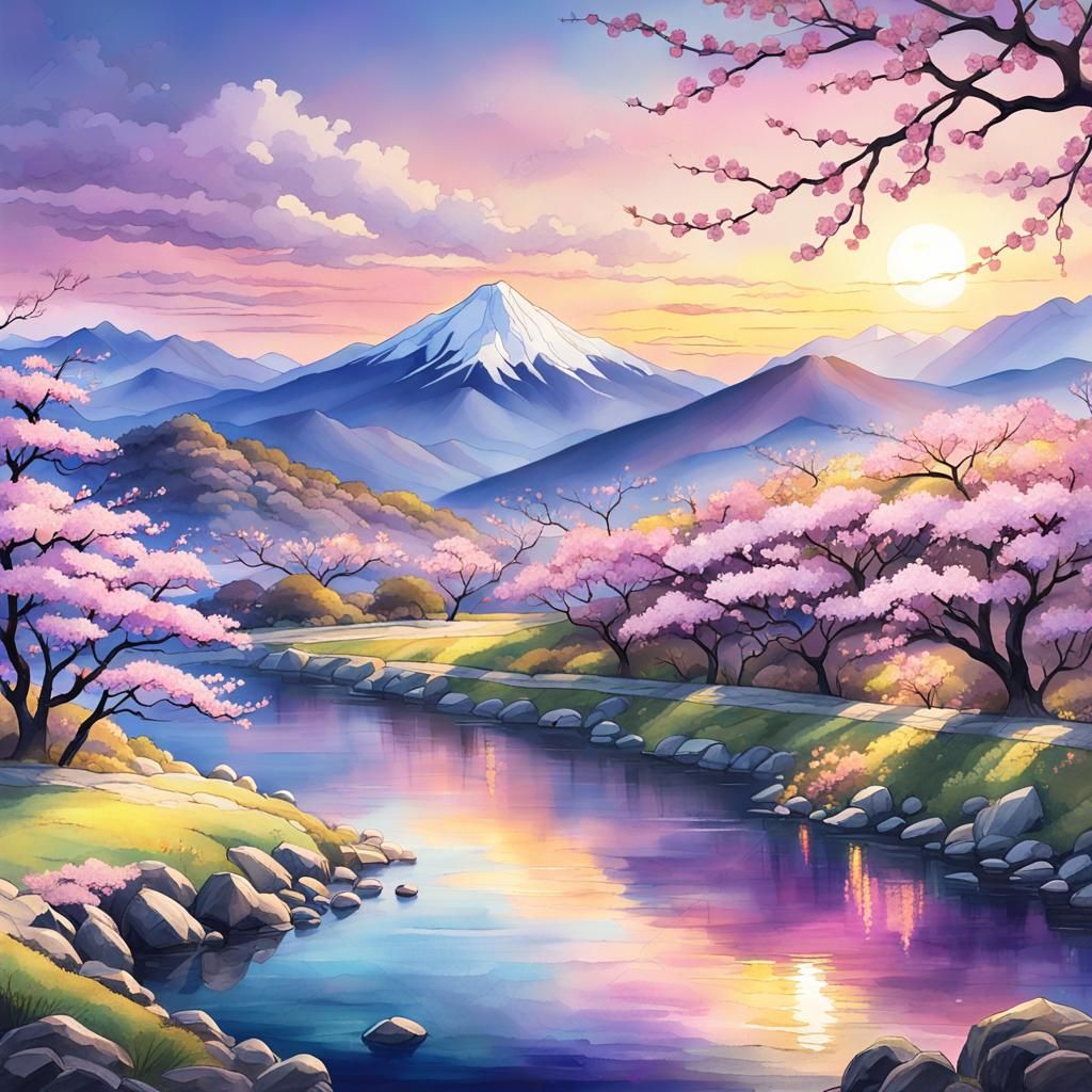 Serene Japanese Landscape with Kintsugi River and Cherry Blo...
