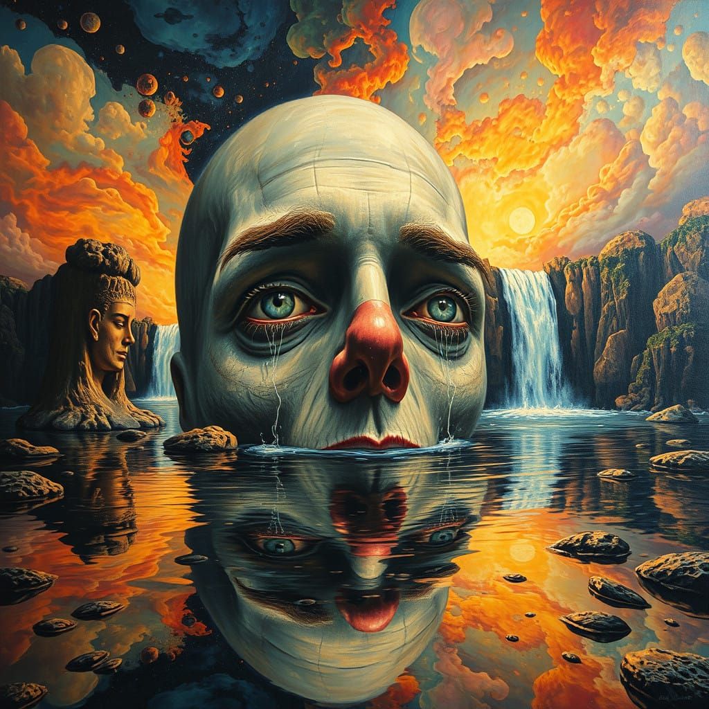 Surreal Metaphysical Scene with Melting Mirrors and Waterfal...