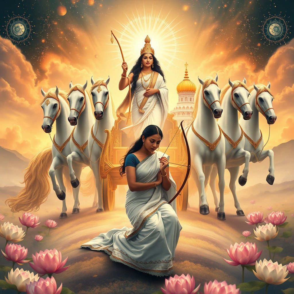 Arjuna Surrenders to Krishna in Celestial Chariot