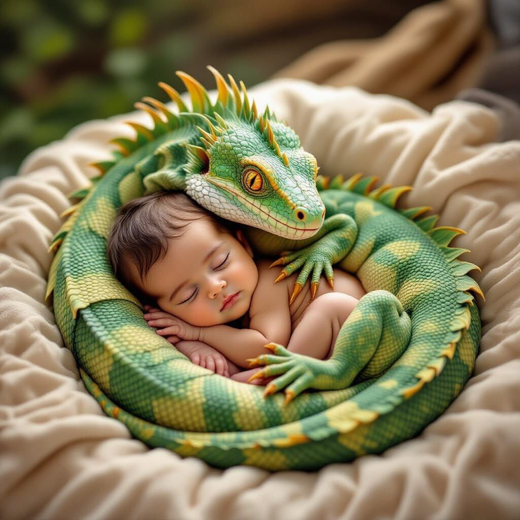 Basilisk Cradling Sleeping Baby in Gentle Embrace