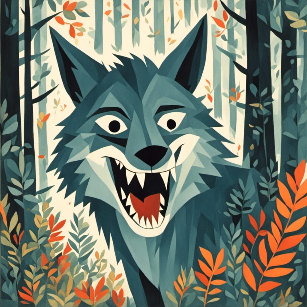 Grinning Wolf with Big Teeth in Mid-Century Style