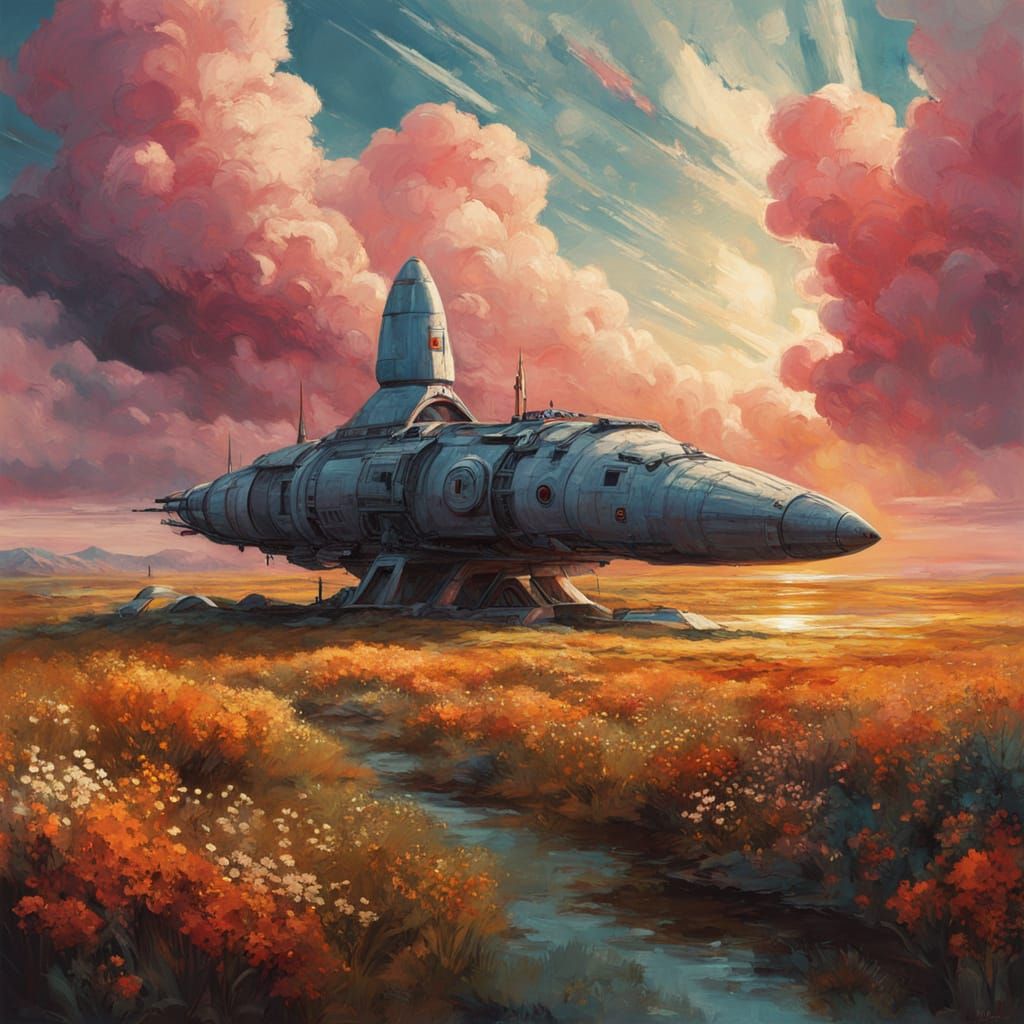Retro-Futuristic Rocket in Sun-Scorched Landscape