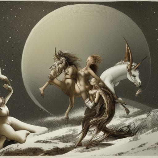 Centaurs and Unicorns Dance on the Moon in Film Noir