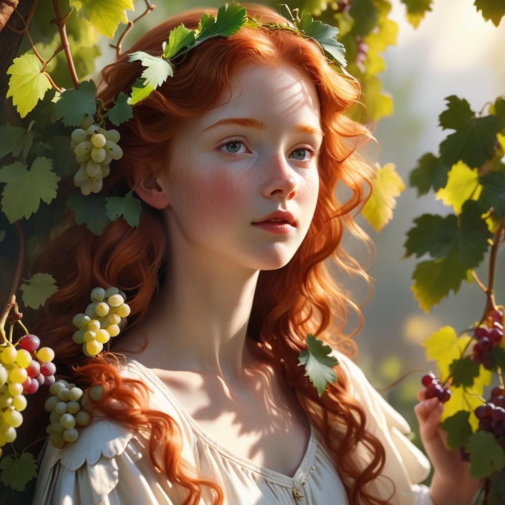 Redhead Angel Gazing at Grapes in Ethereal Lighting