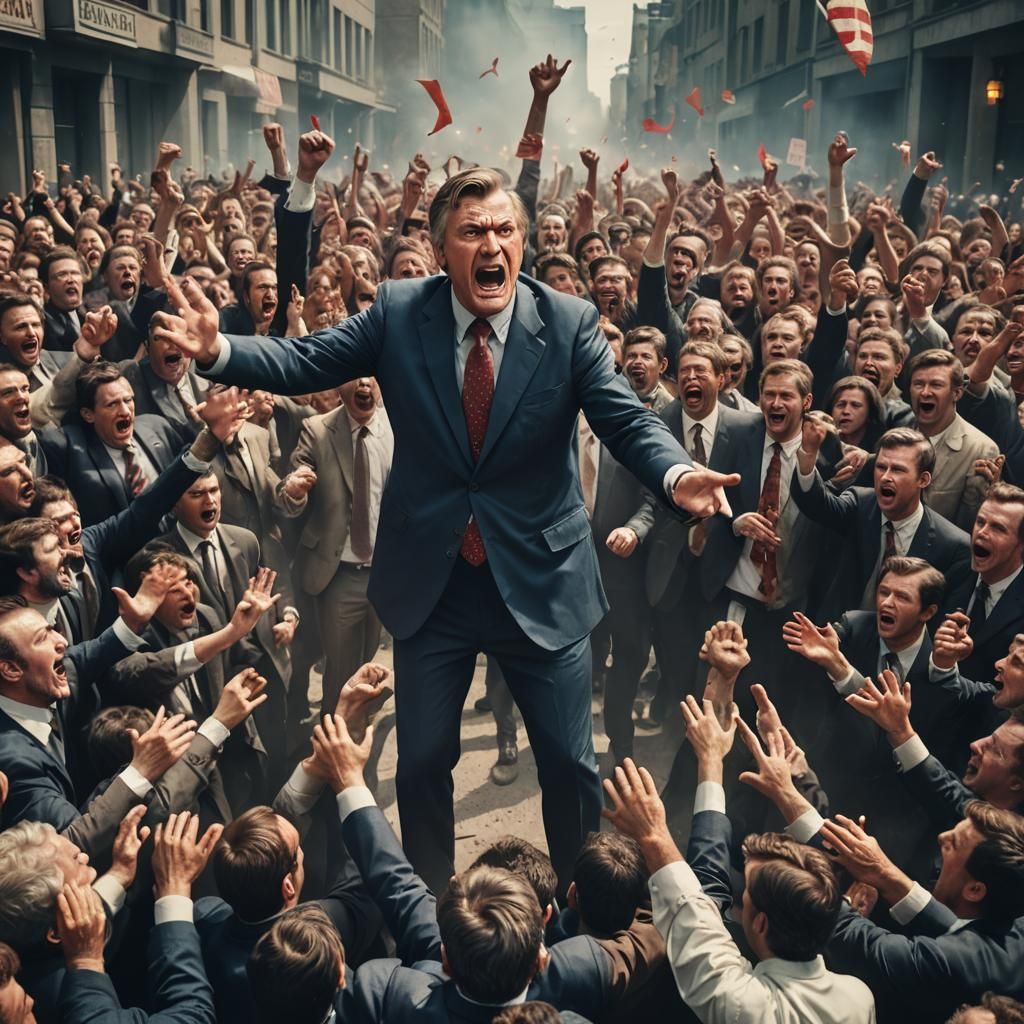 Dramatic Cinematic Film Still of Politician and Mob