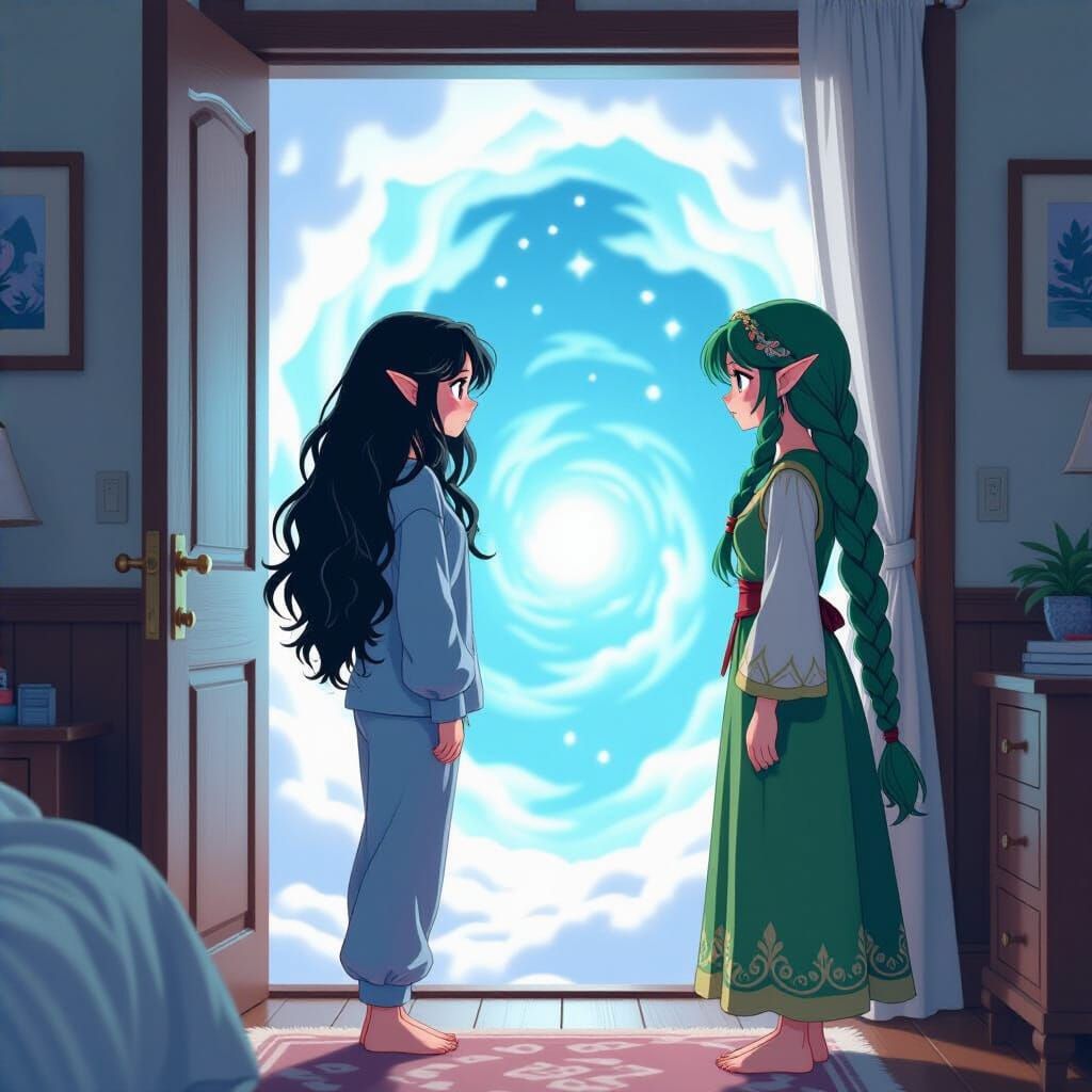 Woman Opens Door to Fantasy Portal in Anime-Realistic Style