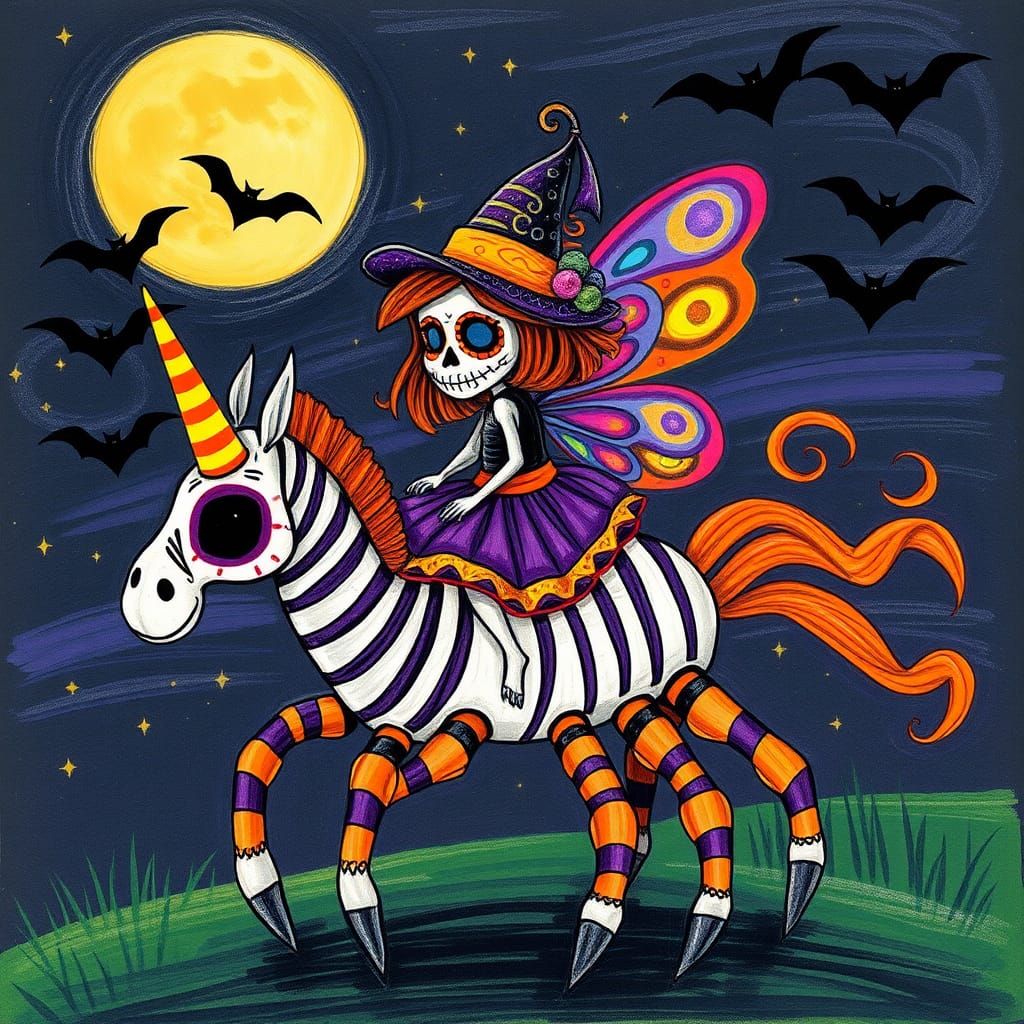 Sugar Skull Fairy Rides Zebra-Unicorn in Halloween Sky