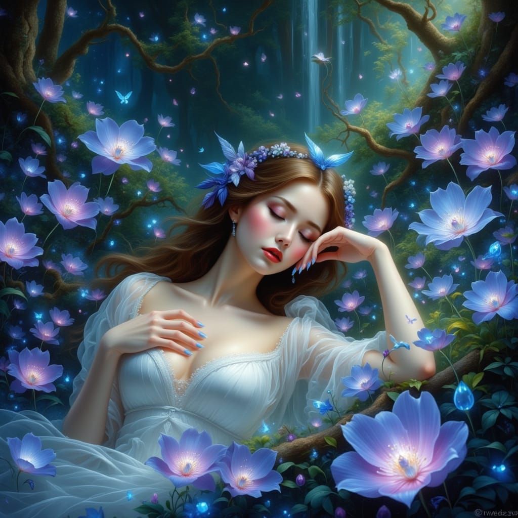 Ethereal Woman Sleeping in Bioluminescent Glade