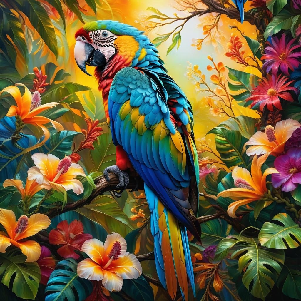 Macaw in Fantasy Oil Painting with Fractal Glass