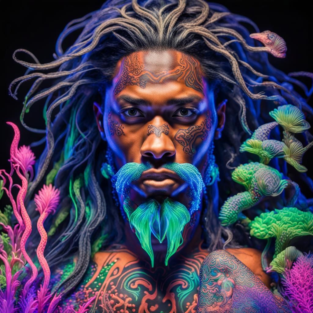 Vibrant Merman Portrait in Black Light Photography