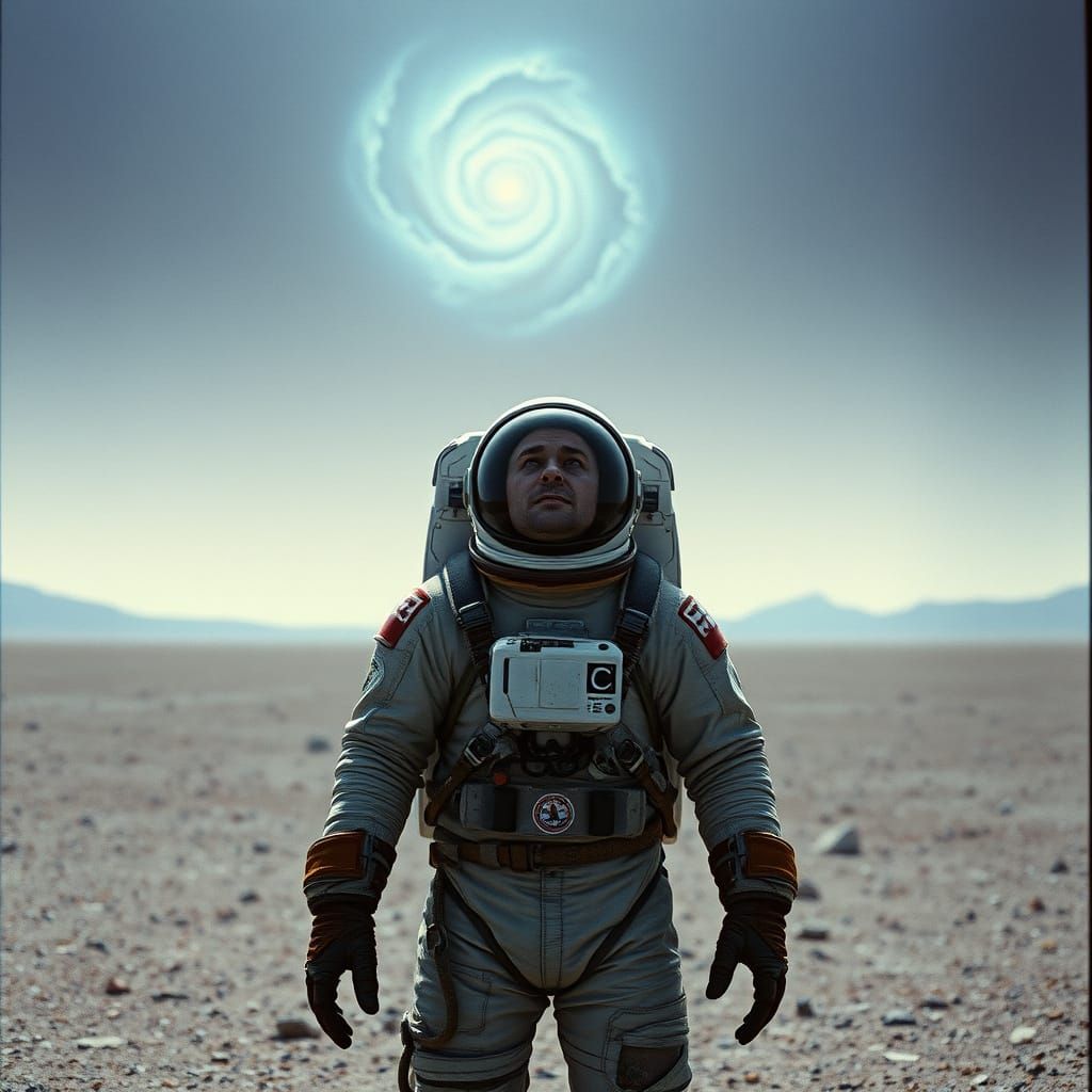 Astronaut on Alien Planet Gazing at Nebula