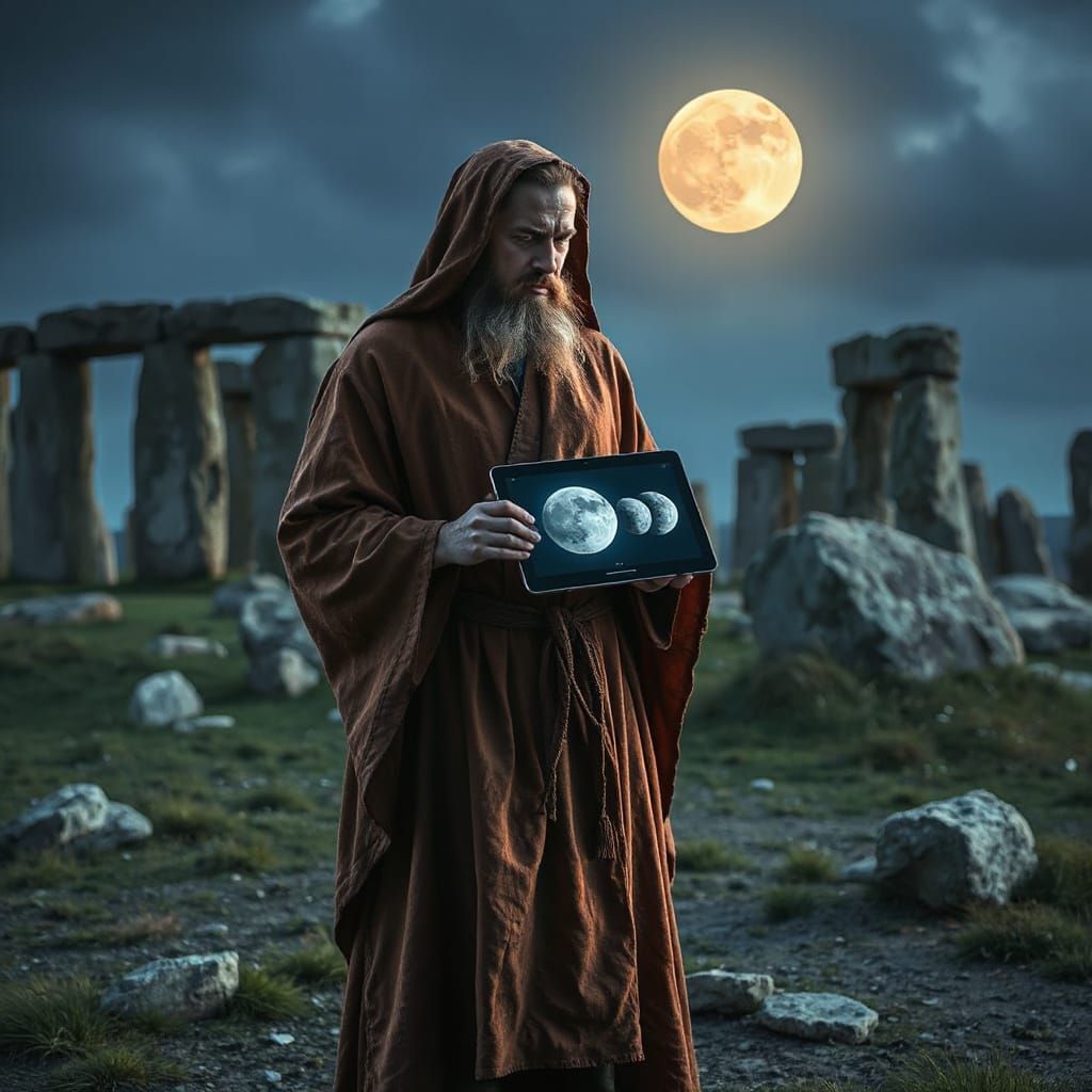 Druid Uses Tablet at Stonehenge in Stalenhag & Thorp Style