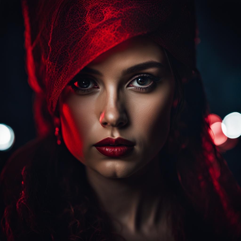 Girl Portrait with Red Moon, Ambient Lighting