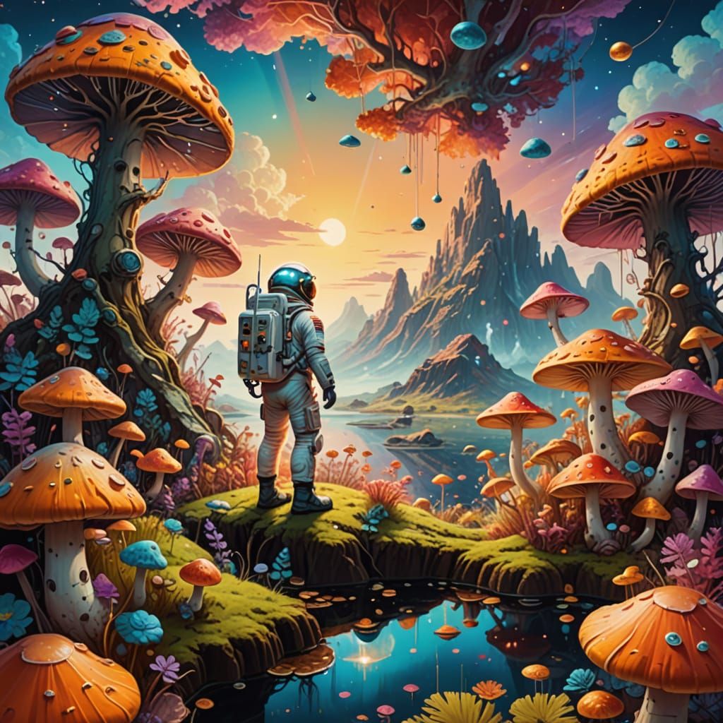 Astronaut in a Vibrant Mushroom Wonderland