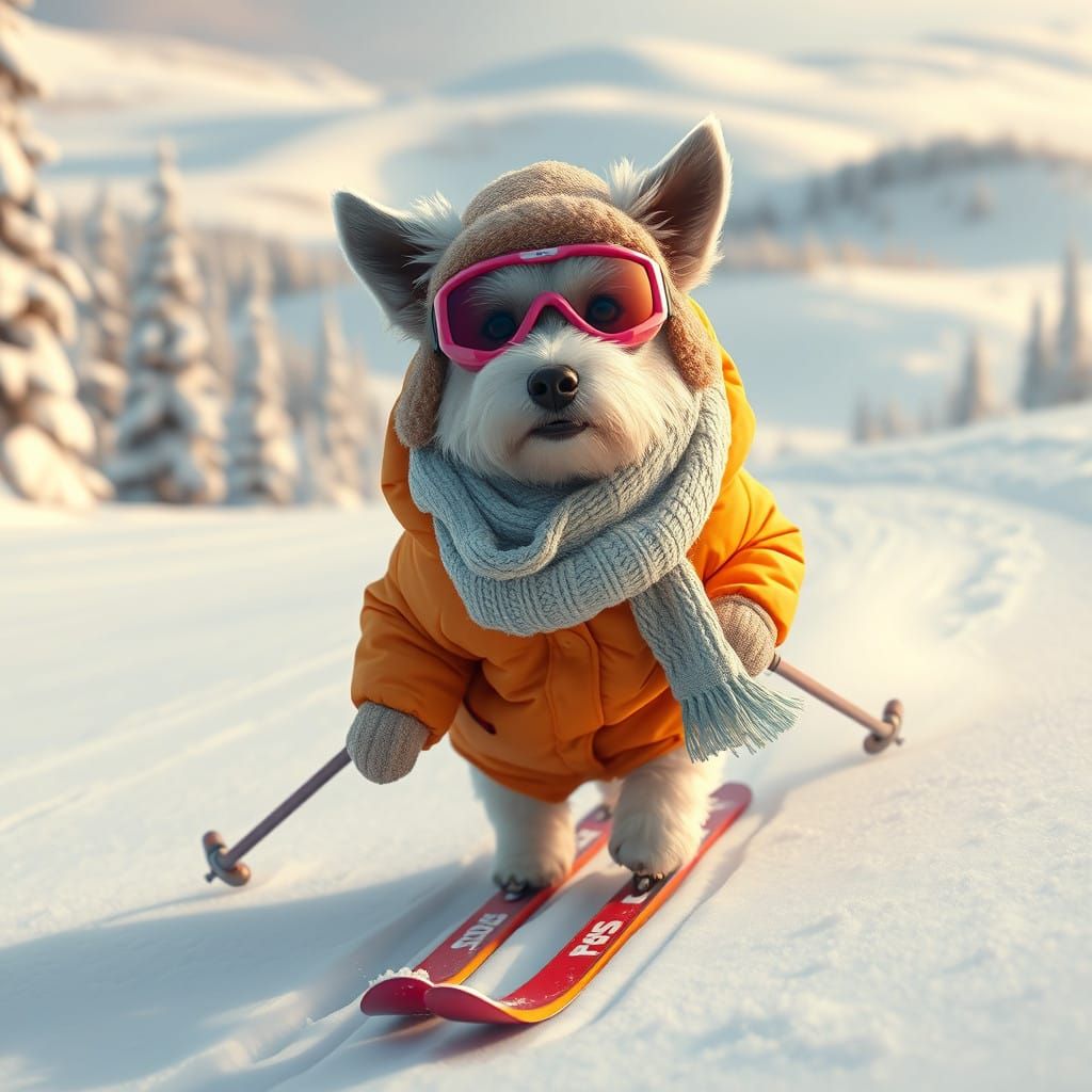 Skiing Westhighland Terrier in Bright Orange Coat, Snowy Win...
