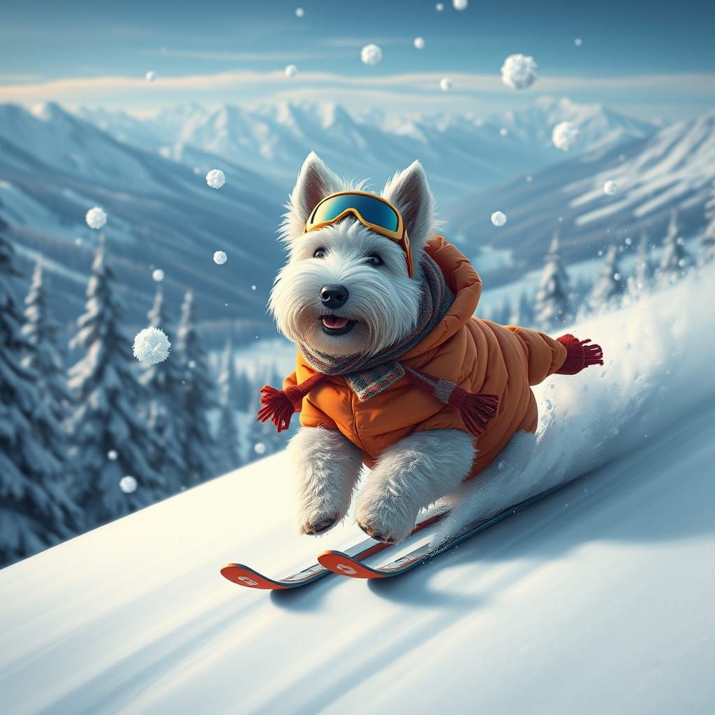 Winter Wonderland Westie Skier in Vibrant Coat and Cap