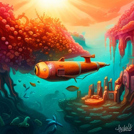Colorful Submarine in Coral Reef Graffiti Art