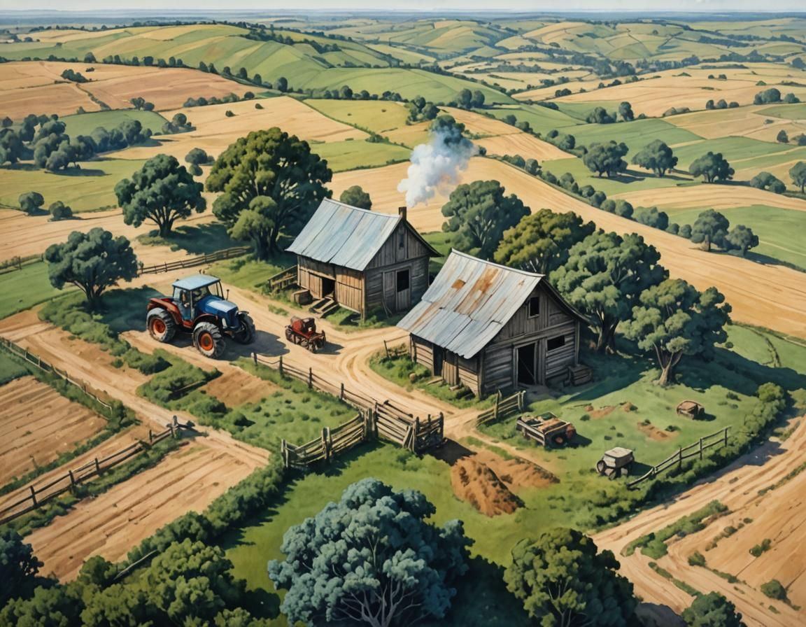 Aerial View of Old Ranch in Watercolor Style