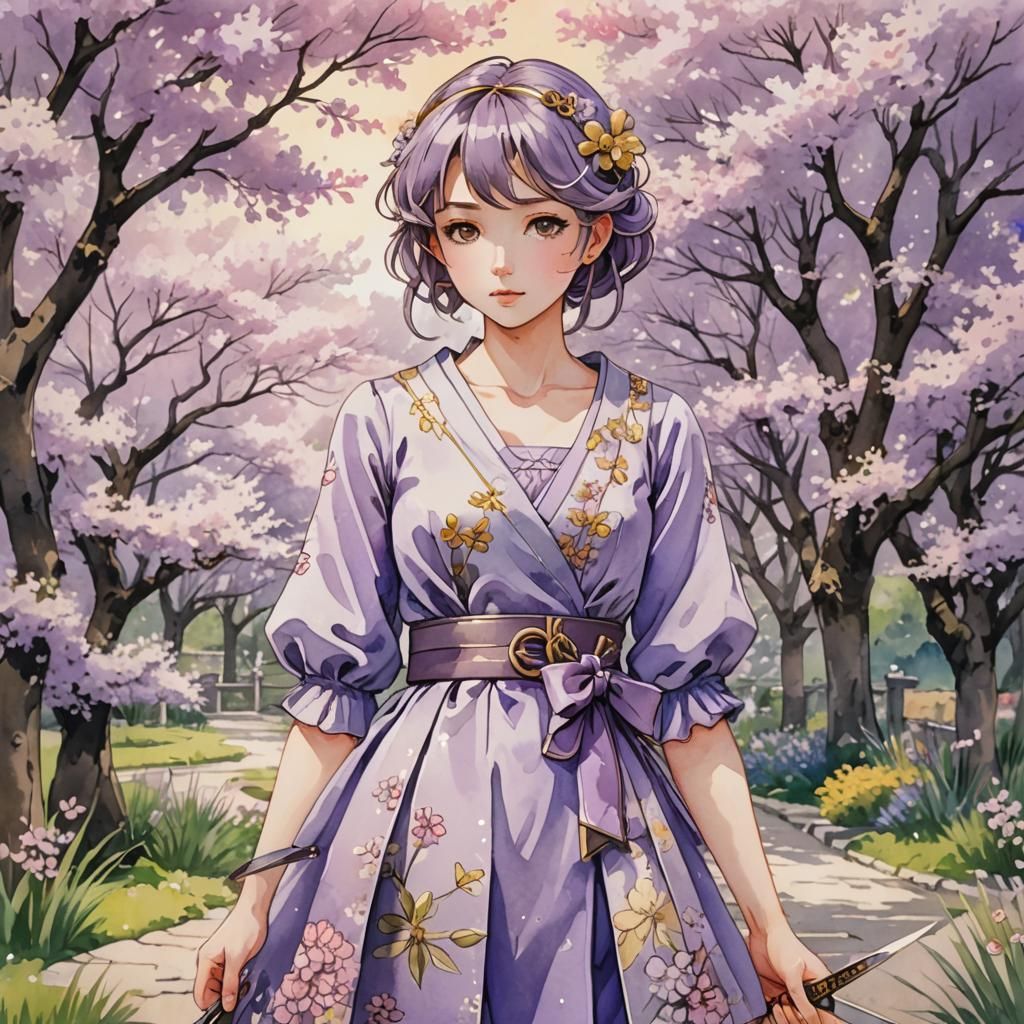 Anime Woman with Knife in Watercolor Garden