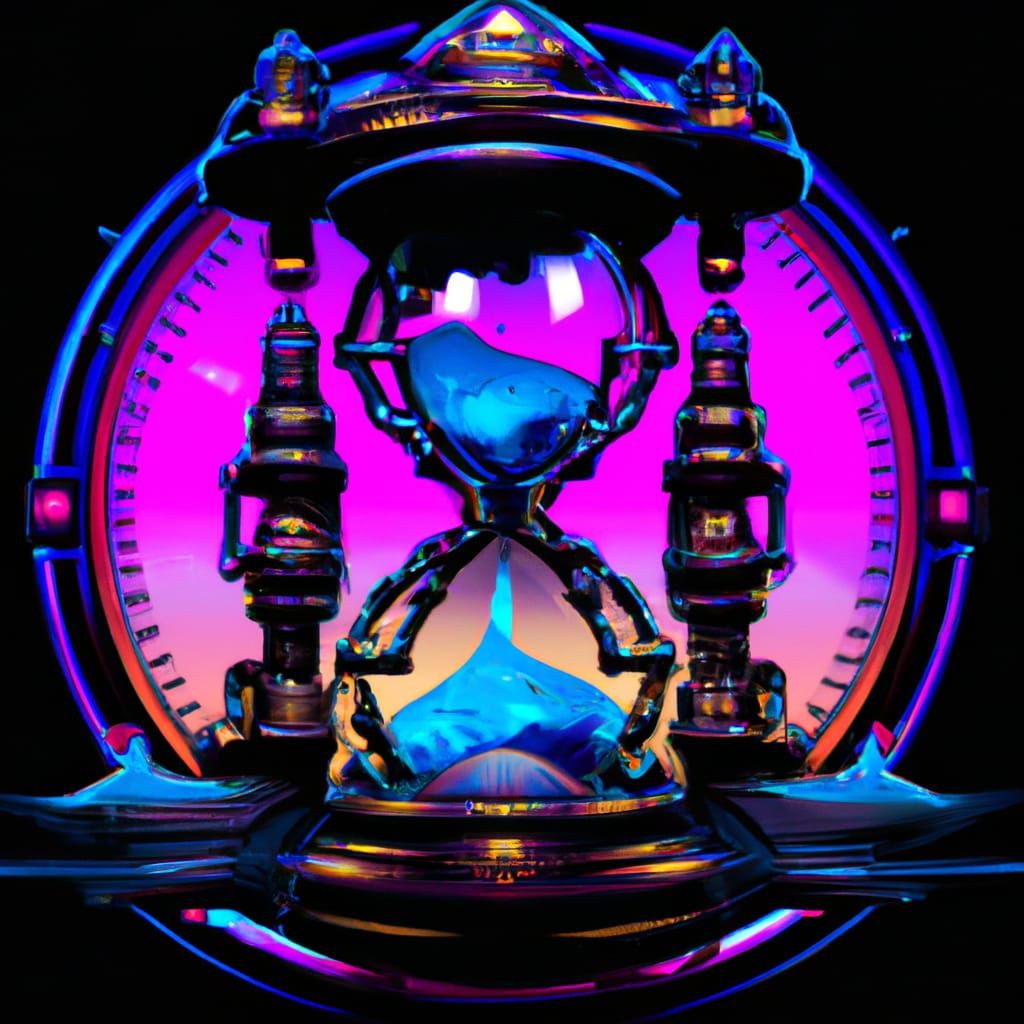 Steampunk Hourglass Engine in Cyberpunk Neon City