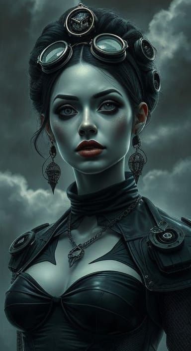 Steampunk Supervillainess Charcoal Portrait in Impressionist...