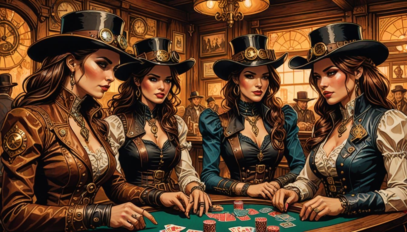 Steampunk Gunfighters Play Poker in Old West Saloon