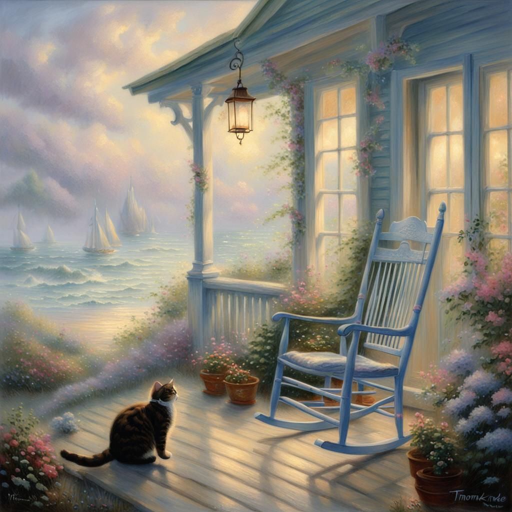 Cat on Rocking Chair: Ethereal Beach Cottage