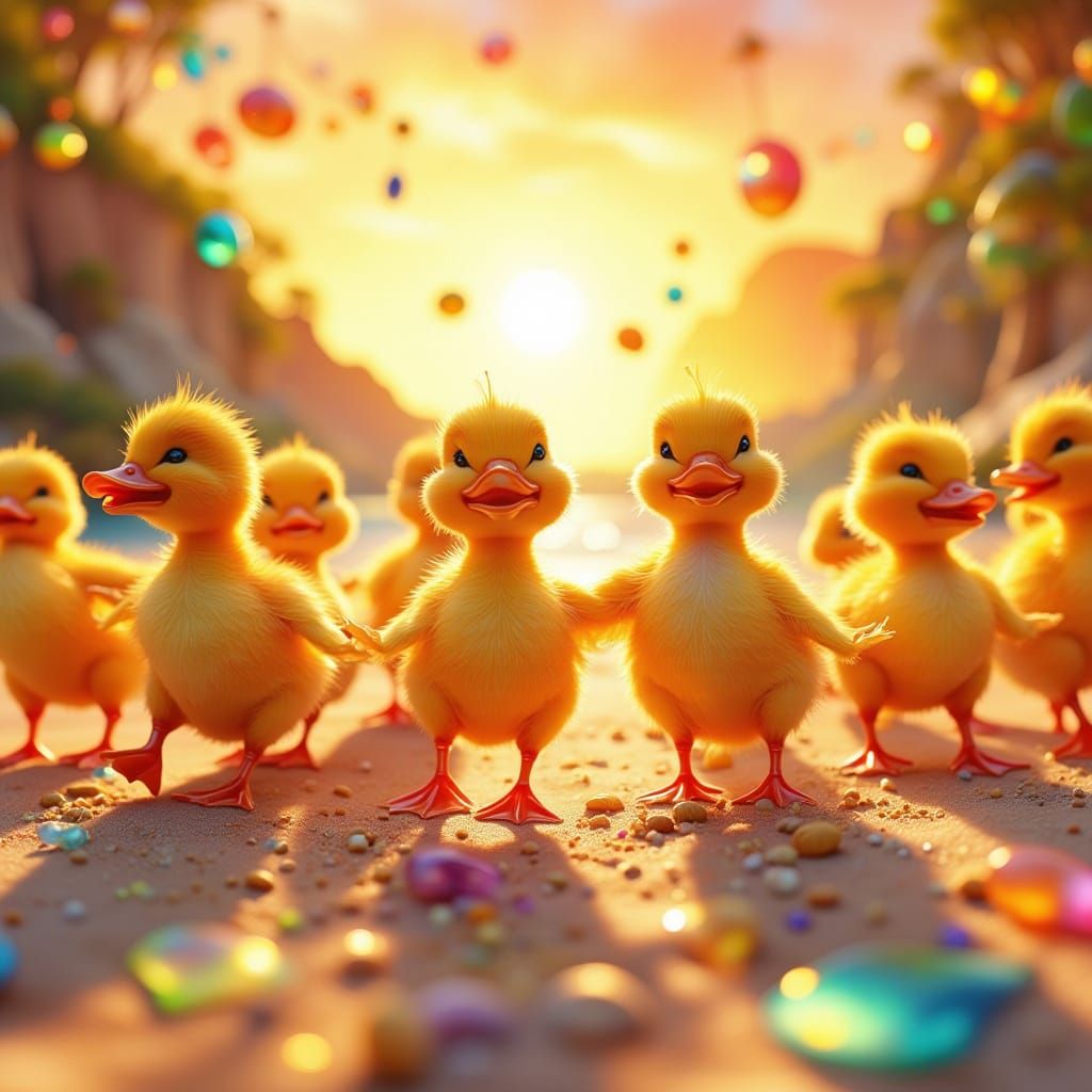 Ducklings' Conga Line on Sunny Beach in Pixar Style