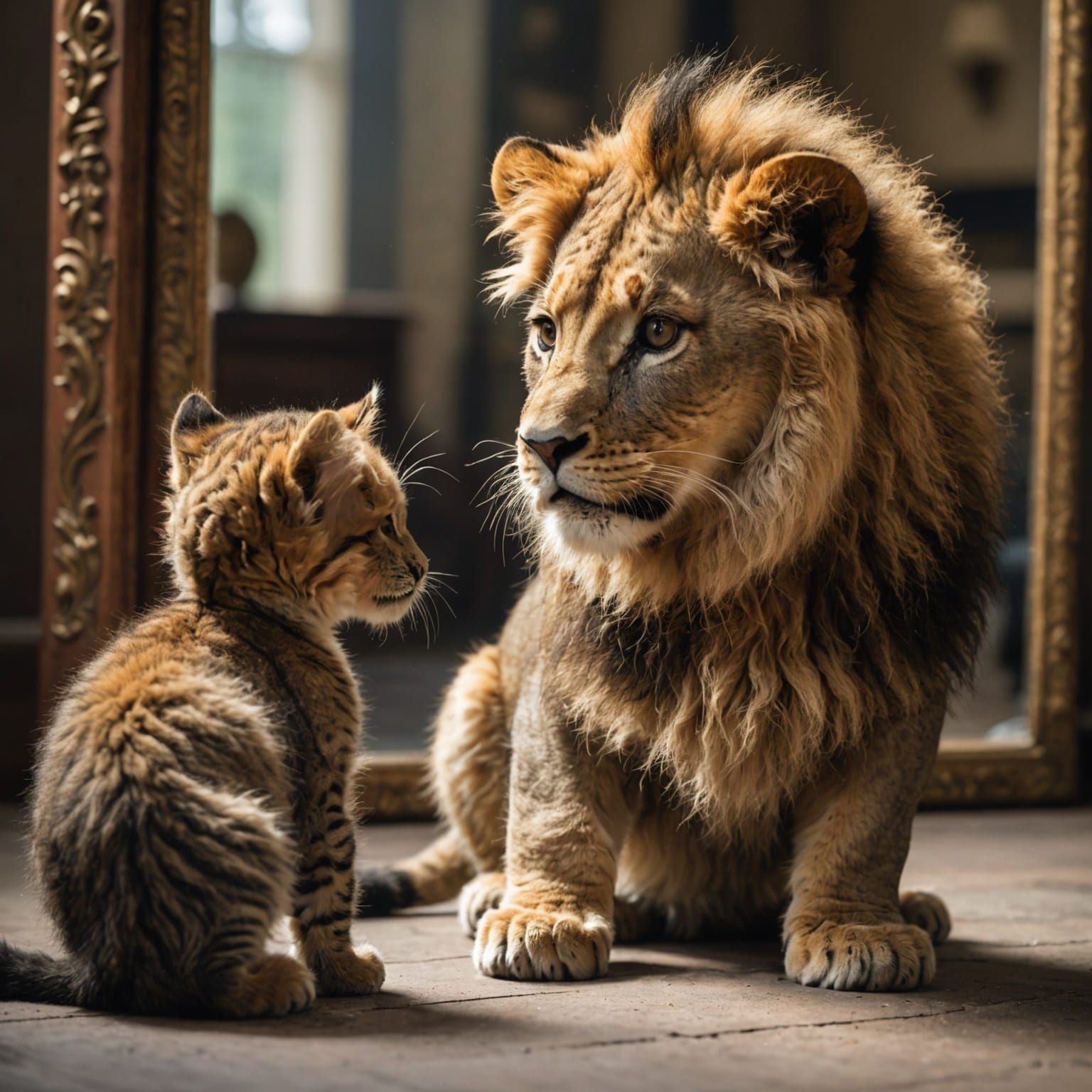 Kitten's Mirror: Lion Reflection of Inner Strength