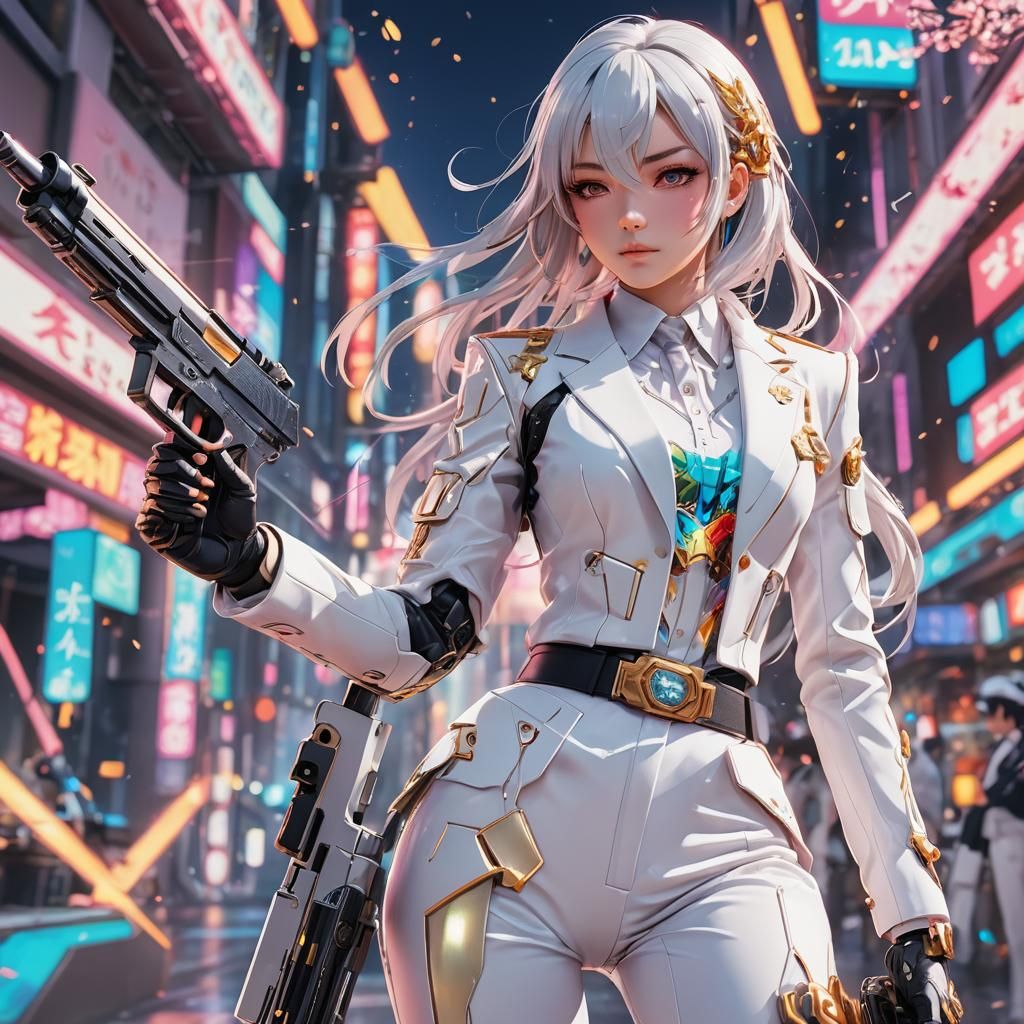 Anime Girl in White Suit Holding Gun