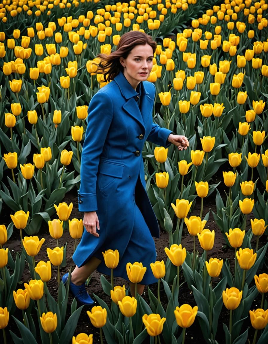 Woman in Blue Dress Among Yellow Tulips