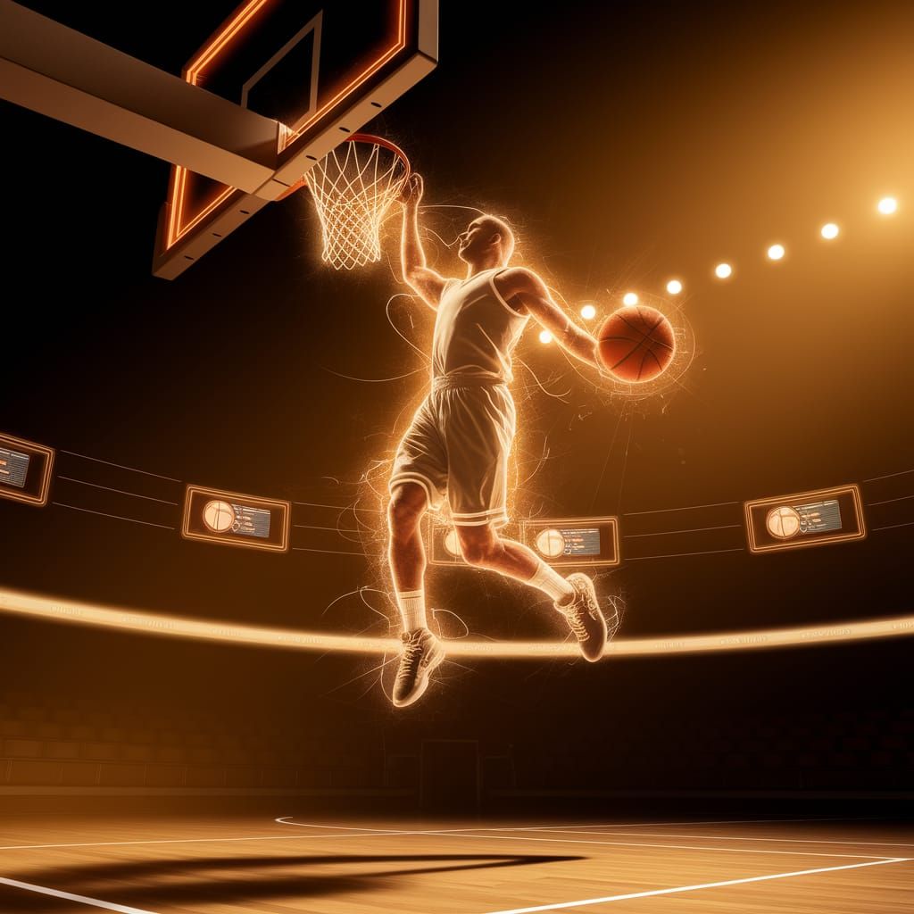 Futuristic Basketball Slam Dunk in Golden Light