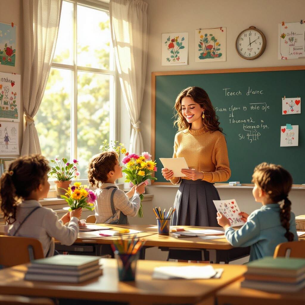 Joyful Teacher's Day Classroom Scene with Children's Gifts
