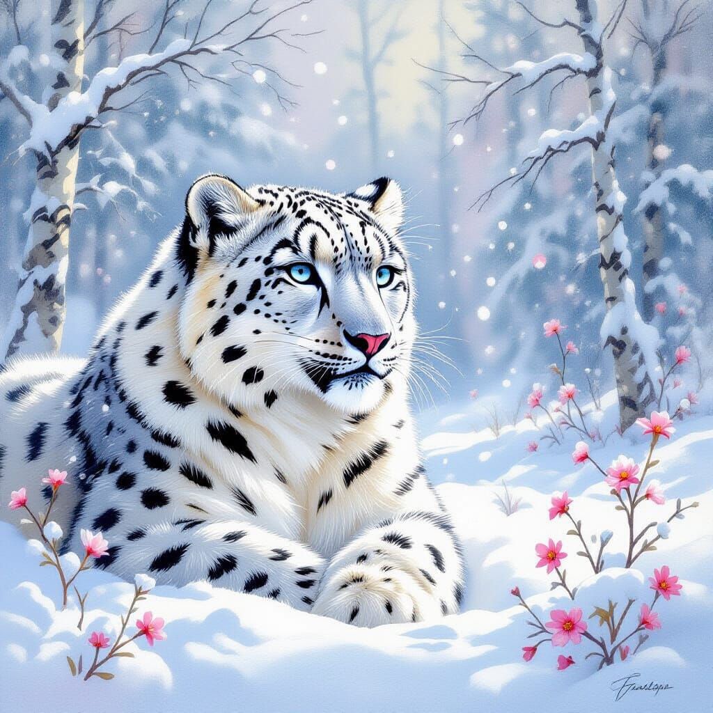 Snow Leopard in Winter, Gouache Impressionist Style