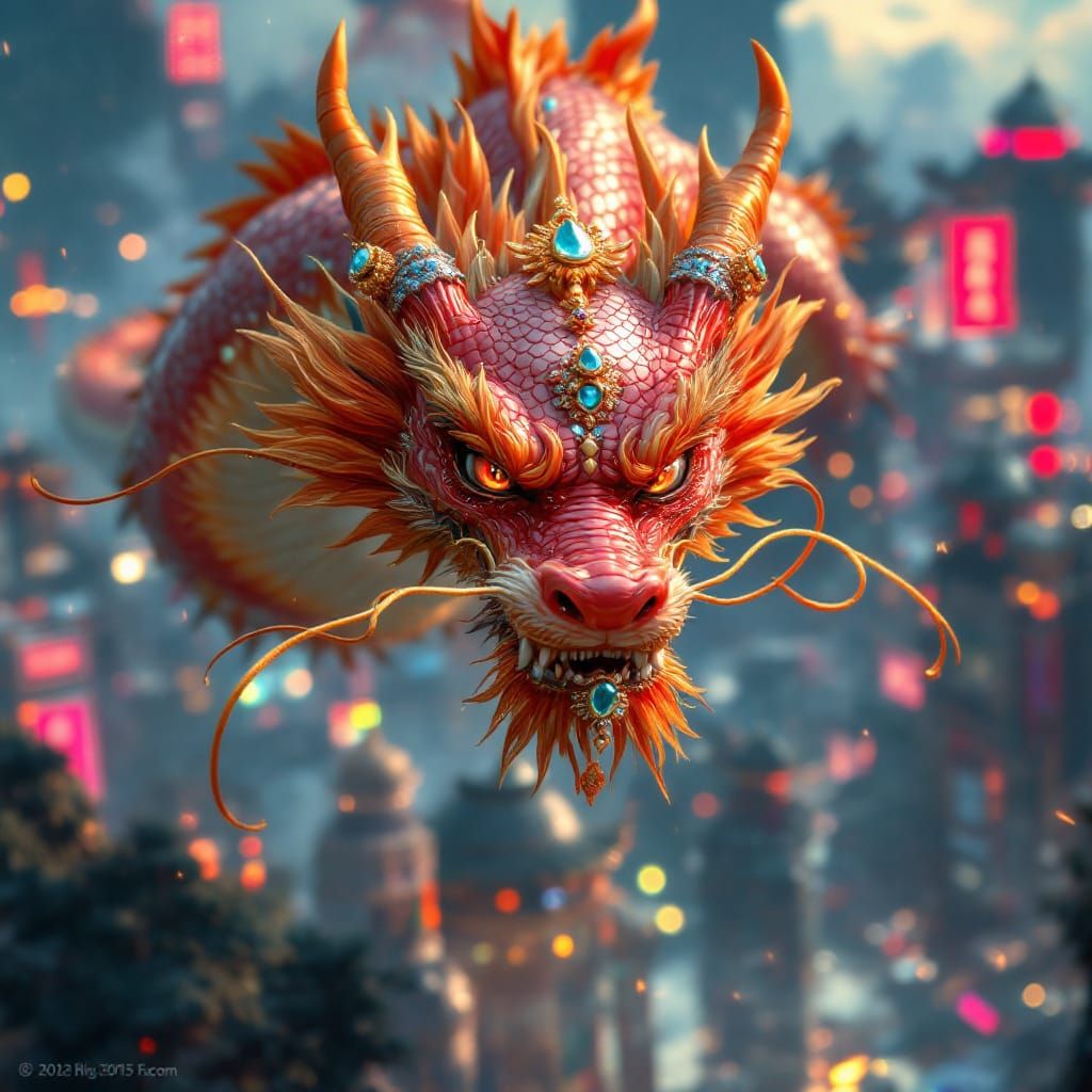 Majestic Dragon Soars Over Cyberpunk Cityscape
