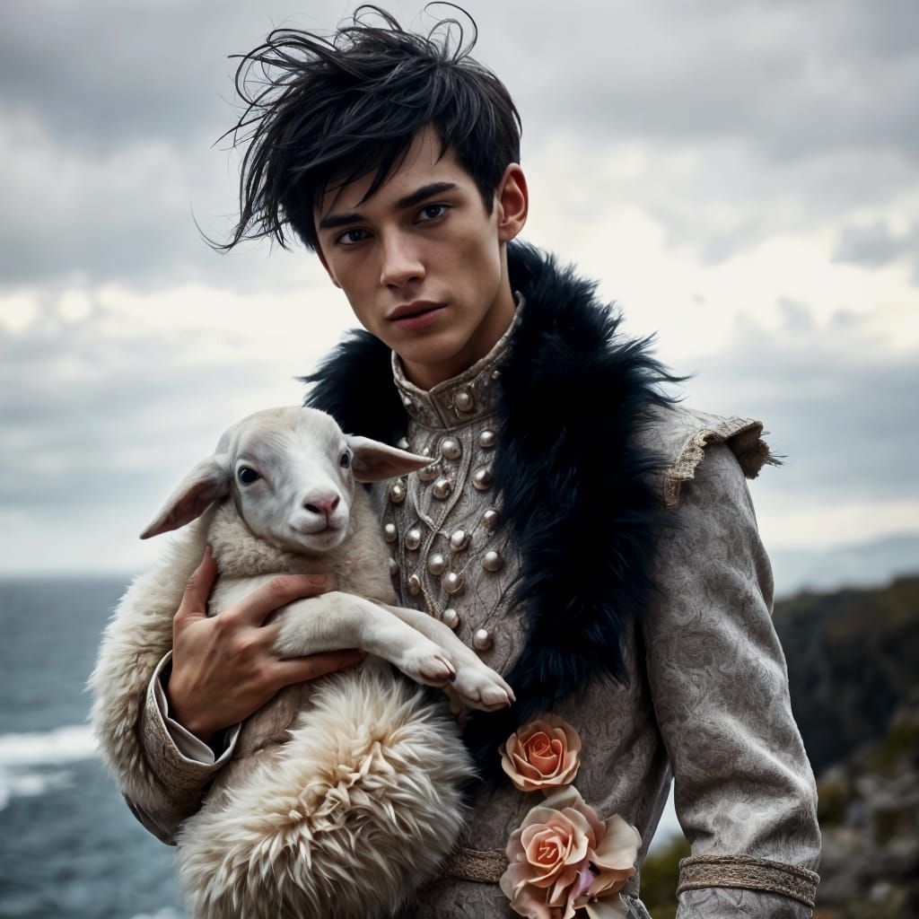 Elegant Young Man with Fluffy Lamb in Extravagant Rococo Out...