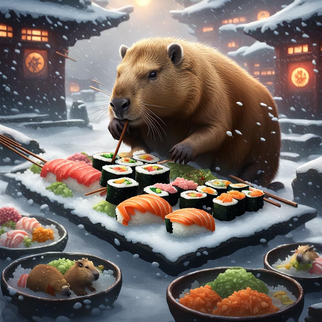 Capybara's Sushi Feast in Winter Storm