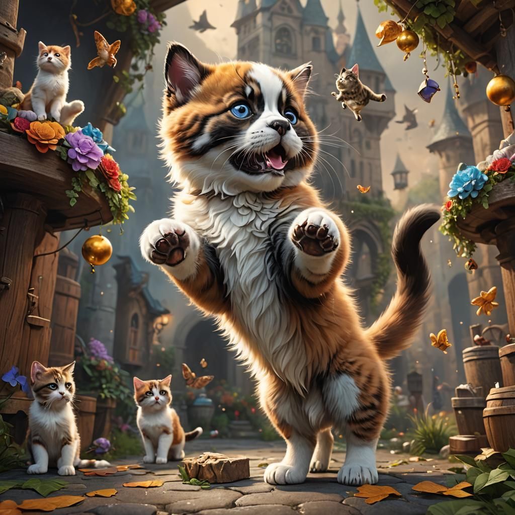 Playful Kitten and St. Bernard in Hyperrealism