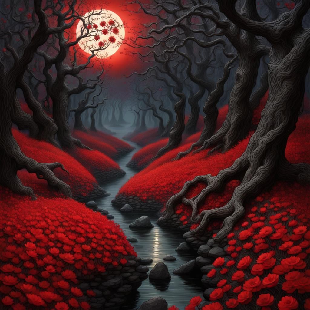 Scary Fairytale Forest with Red Flowers