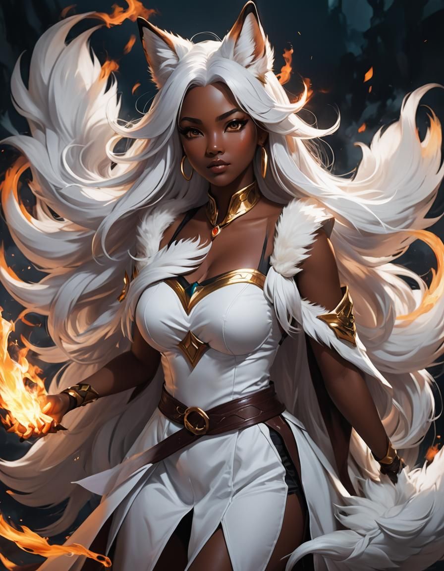 Anime Fox Woman with Nine Tails in 90s Style