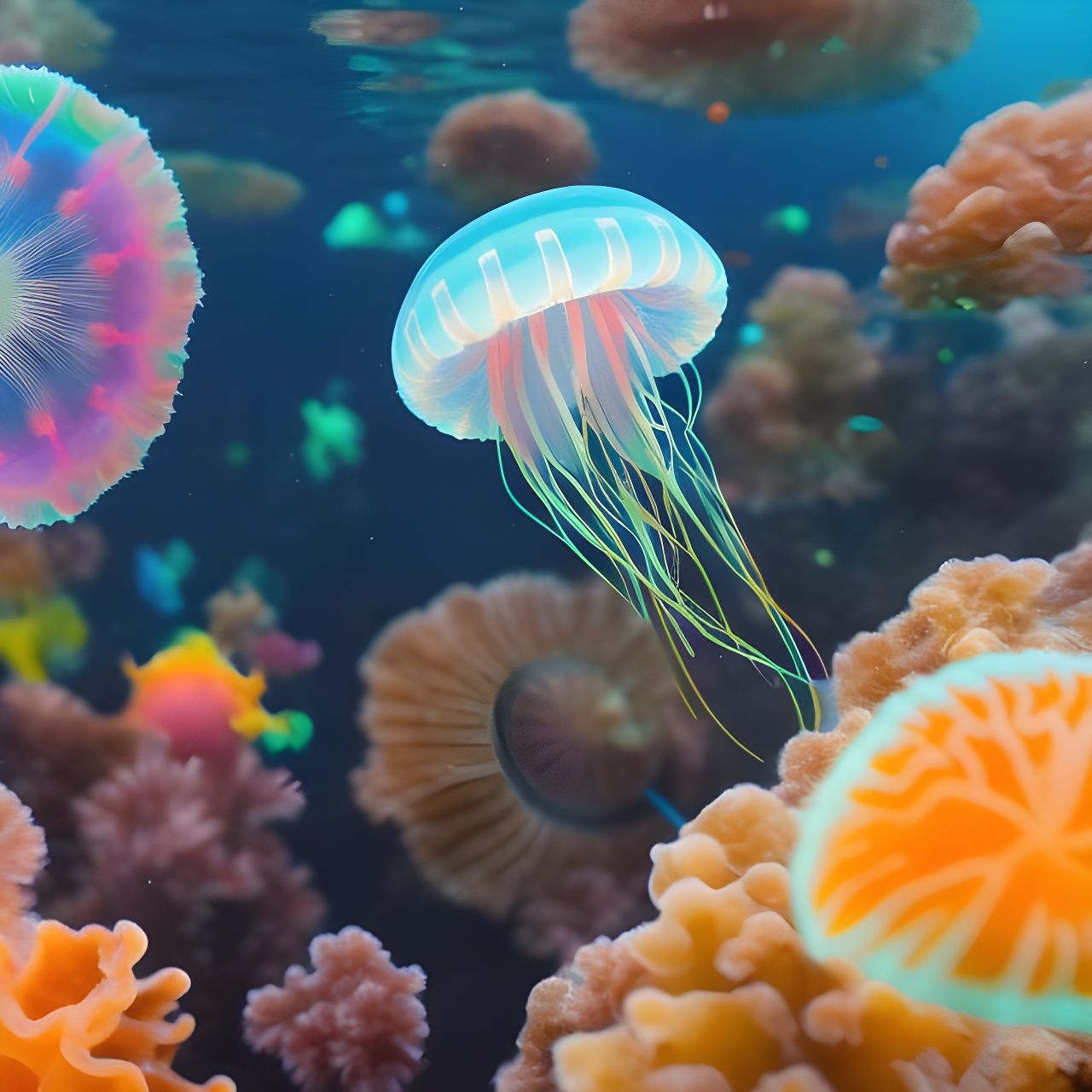Glowing Jellyfish in Colorful Underwater World