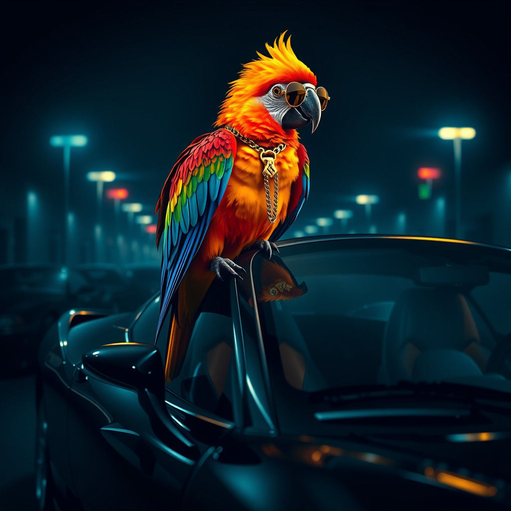 Macaw Rapper on Ferrari in Futuristic Style