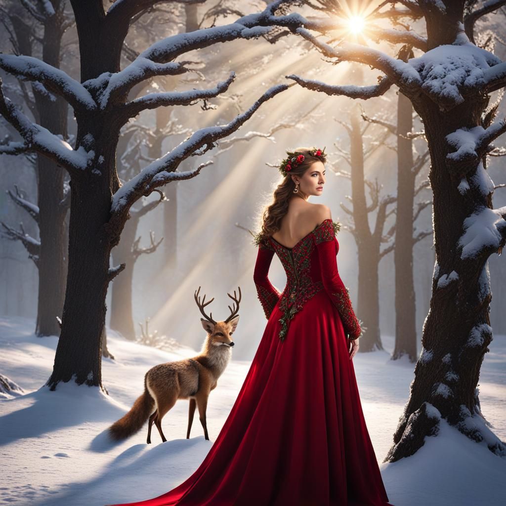 Winter Elf with Deer and Fox in Snowy Landscape
