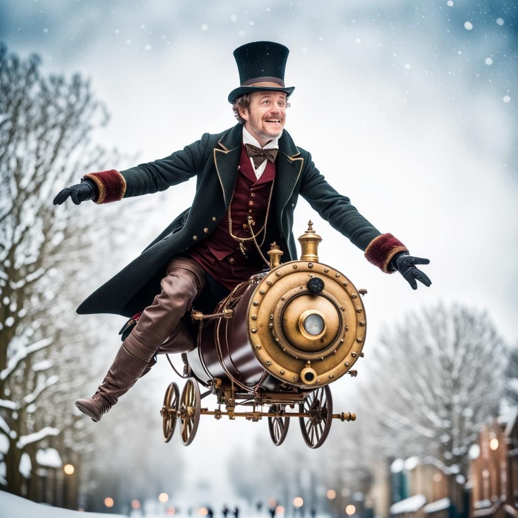 Phileas Fogg's Steampunk Flight Over Winter Wonderland