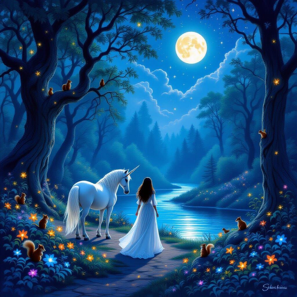 Enchanted Forest Night Scene with Woman and Unicorn