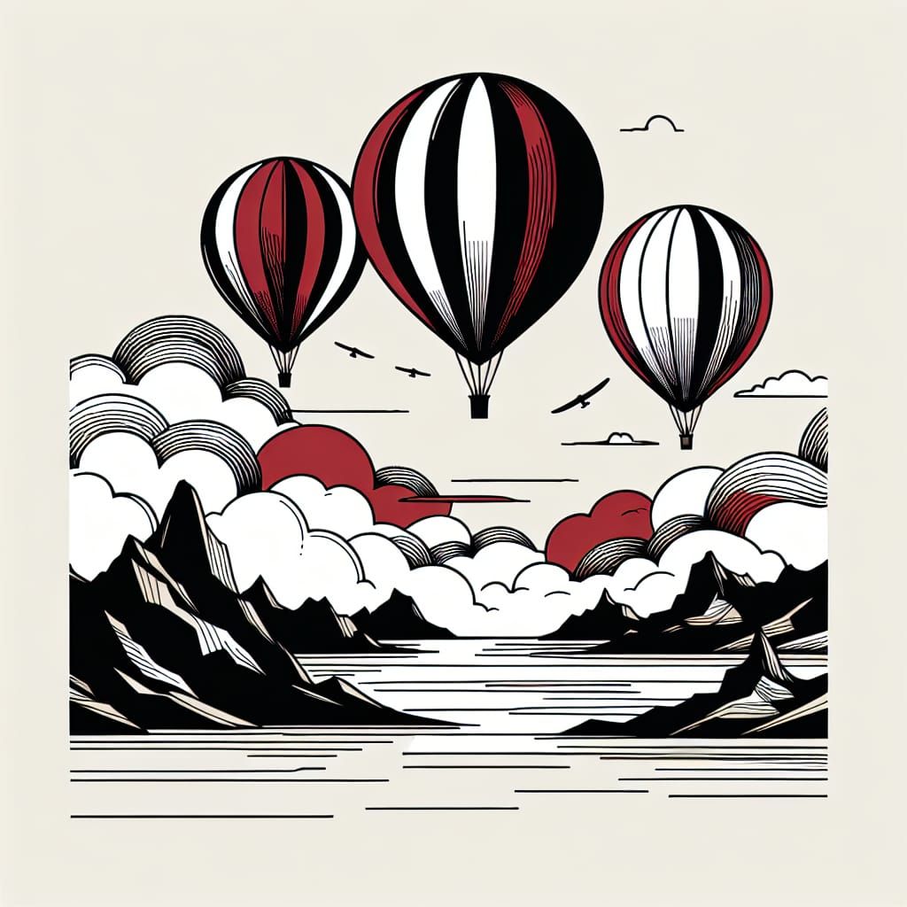 Minimalist Hot Air Balloons Over Sea and Mountains