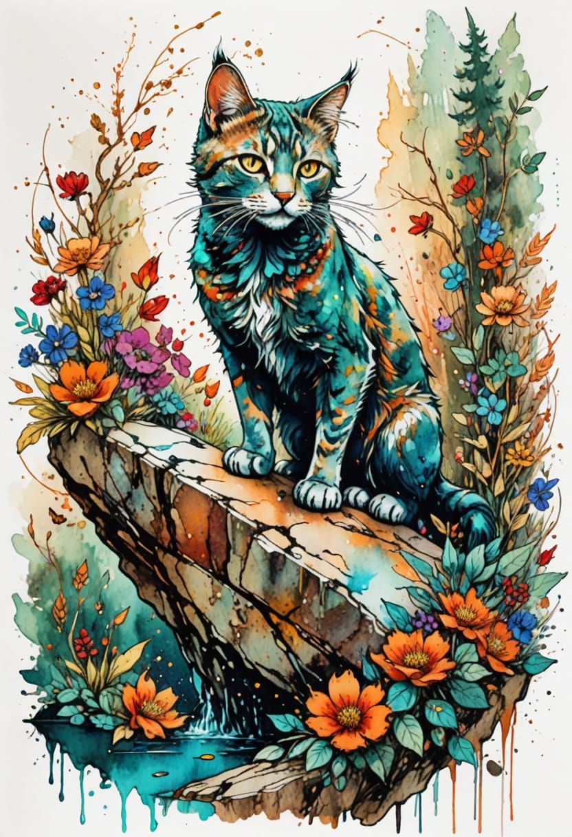 Cat Landing in Forest: Ink Sketch in Maximalist Style