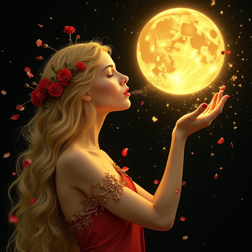 Golden Moon Woman in Art Nouveau Style