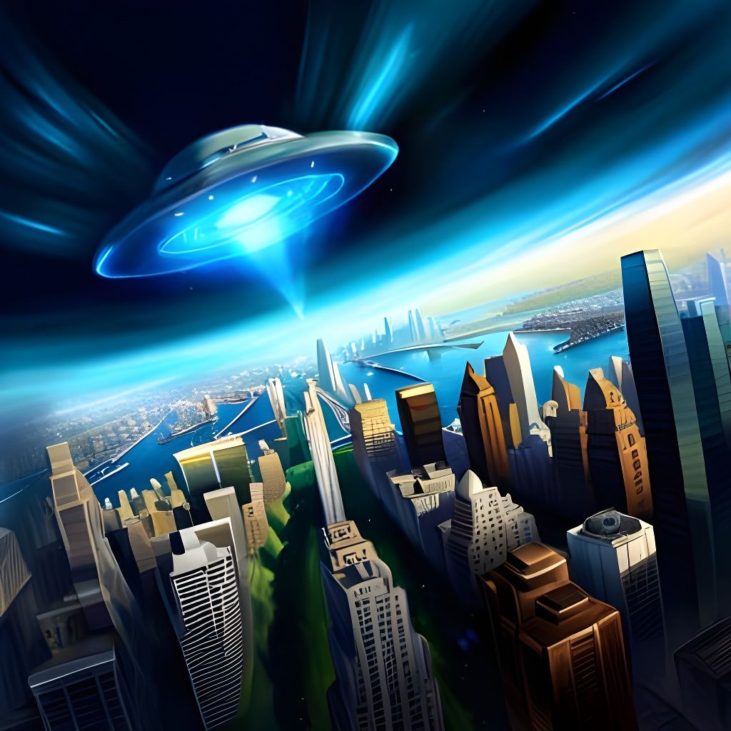 Alien UFO Over City in Anime Style