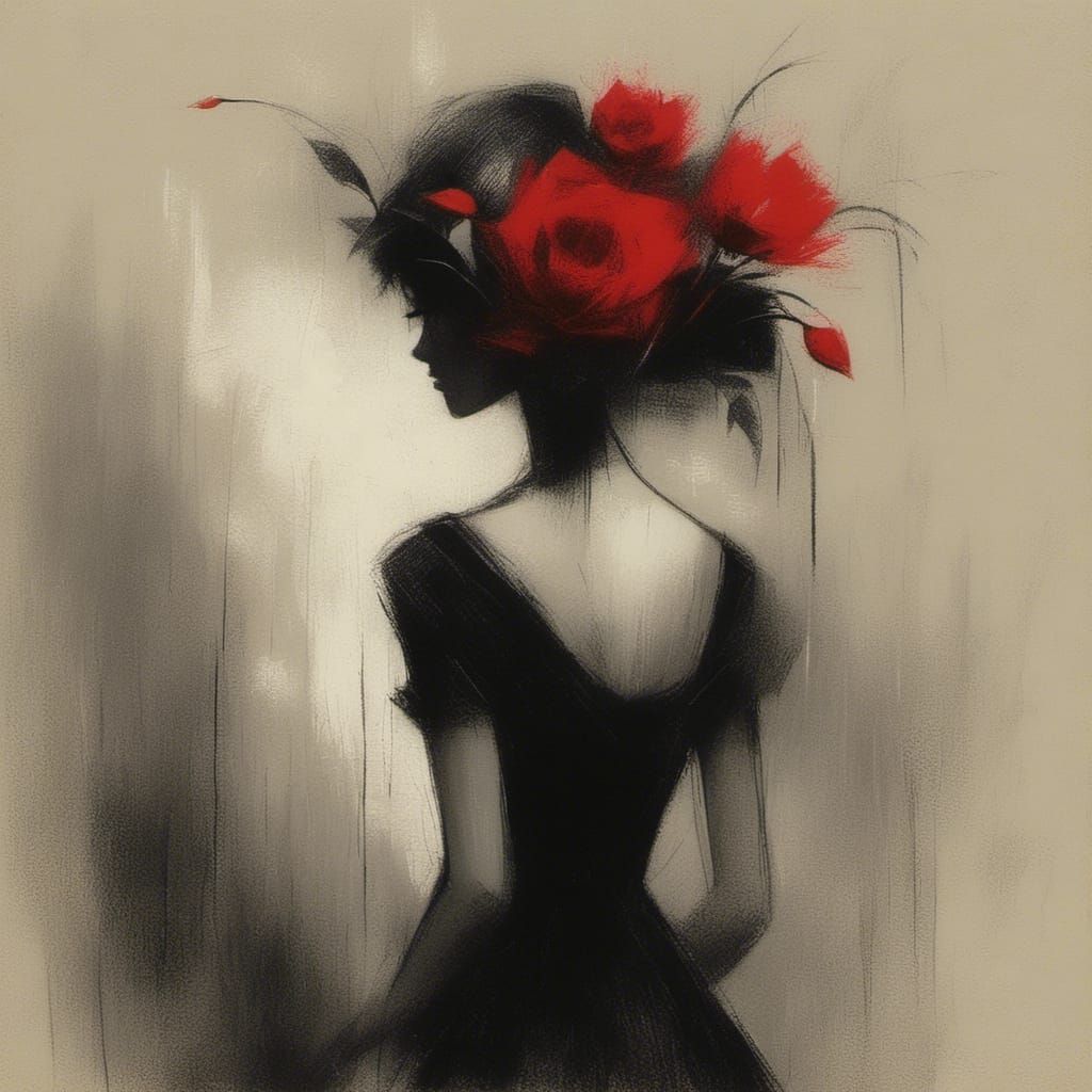 Woman with Rose Bouquet in Minimalist Scribbles Style